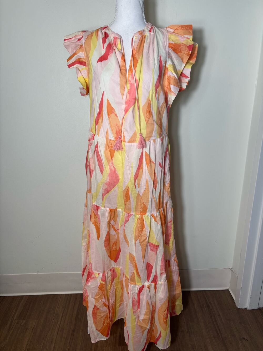 Elan Pink Orange Flutter Sleeve Tiered Cotton Maxi Dress Sz M
